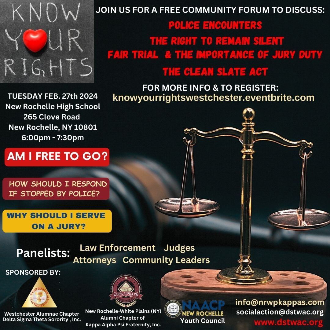 Interacting with police can be stressful! It's important to KNOW YOUR RIGHTS! Join us for a FREE community forum on Tuesday February 27, 2024 at 6:00pm at New Rochelle High School! eventbrite.com/e/know-your-ri…