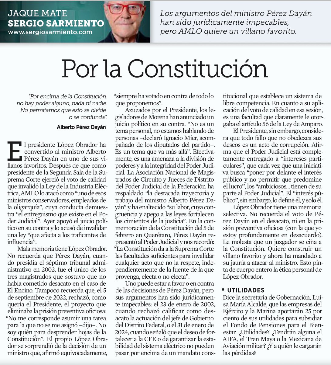 JLozanoA's tweet photo. ⚠️ Espléndido texto de @SergioSarmiento en @Reforma que pondera, defiende y enaltece la labor del Ministro Alberto Pérez Dayán y de la @SCJN, por añadidura. Aunque le duela al miserable presidente, la Constitución es la Constitución, y se debe respetar. Nadie por encima de ella. https://t.co/twirWGVx8i
