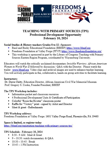 foundingforward's tweet photo. Social studies &amp; history teachers (Grades 8 to 12) are invited to attend a PD session on 2/10/2024! Details below. This session is brought to you by The Basil and Becky Educational Foundation, @librarycongress, &amp; #FFVF.  Register for this event at: https://t.co/SlFoSn37B2 https://t.co/Pd9yfqiyv3