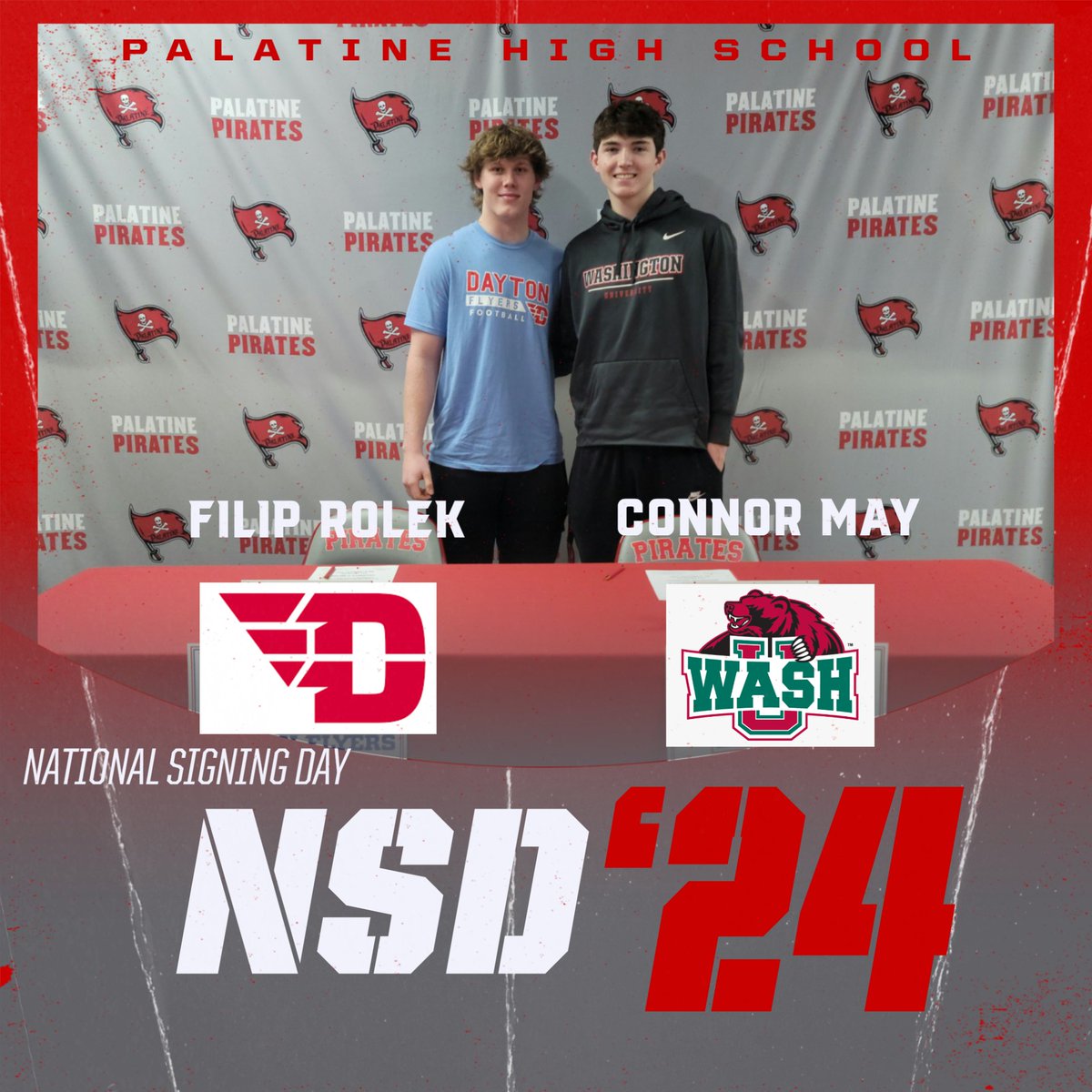 Congrats to Filip Rolek and Connor May as they commit to play at the next level. Filip will be playing football at the University of Dayton while Connor will be playing basketball at Washington University-St. Louis. Two athletes that have represented Palatine Athletics well!