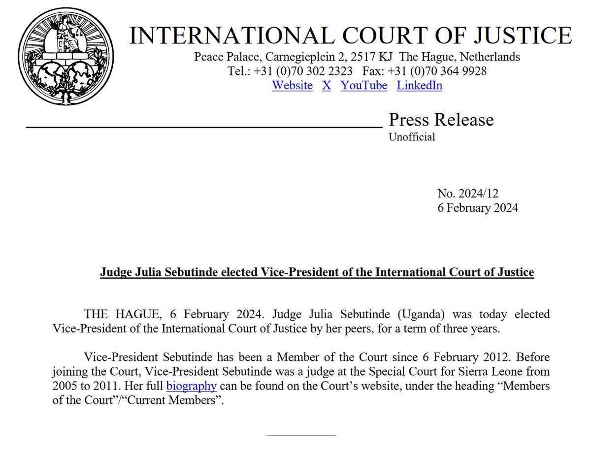 Judge Julia Sebutinde elected Vice-President of ICJ. She stood alone with Israel during the recent court ruling. God blesses those who bless Isreal. Congs to <a href="/SebutindeJulia/">Julia Sebutinde</a>
