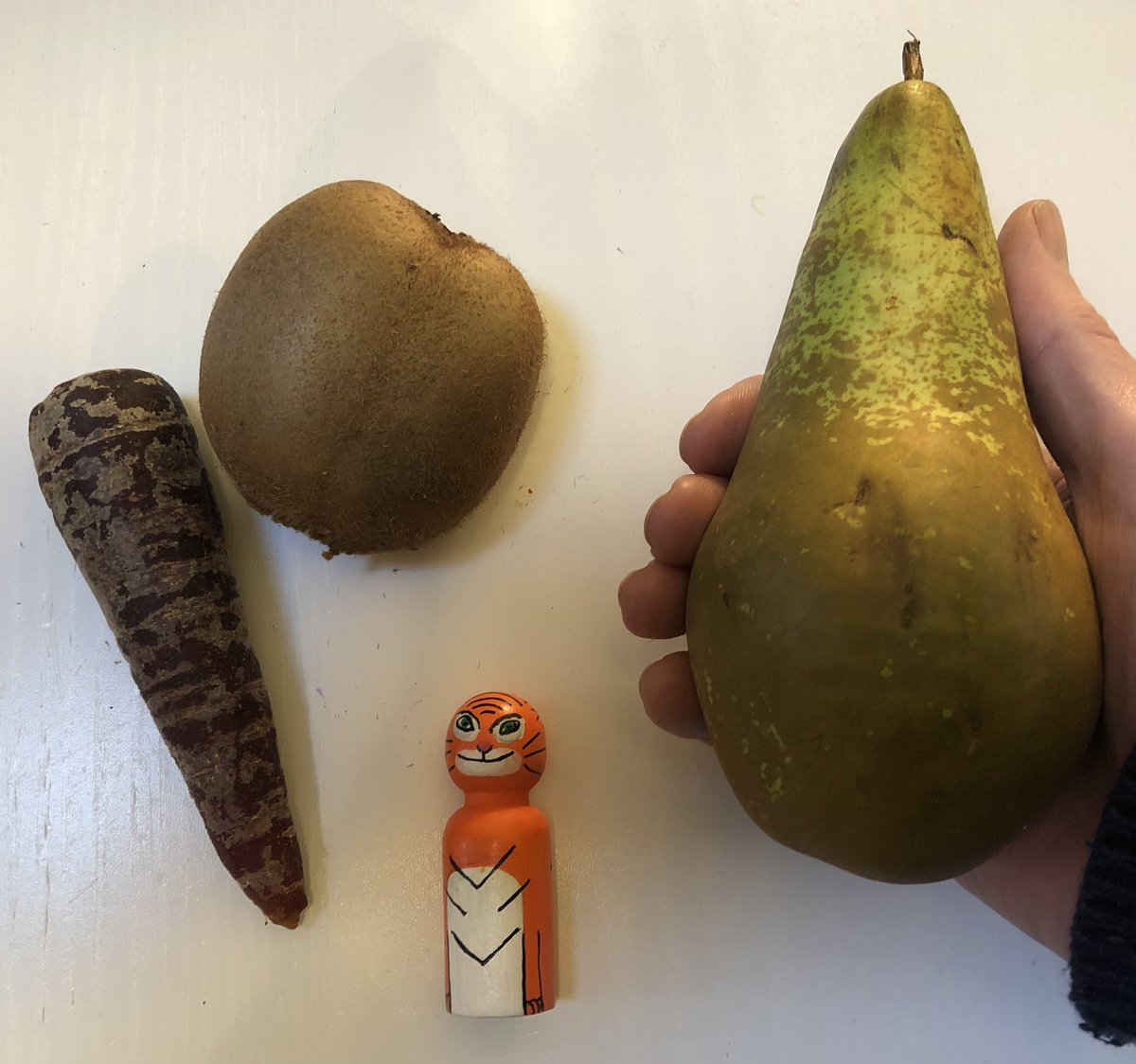 simoit's tweet image. Giant pears, bulging kiwi and purple carrots. Yes it’s a fresh delivery from @OddboxLDN 
(Tiger for scale)