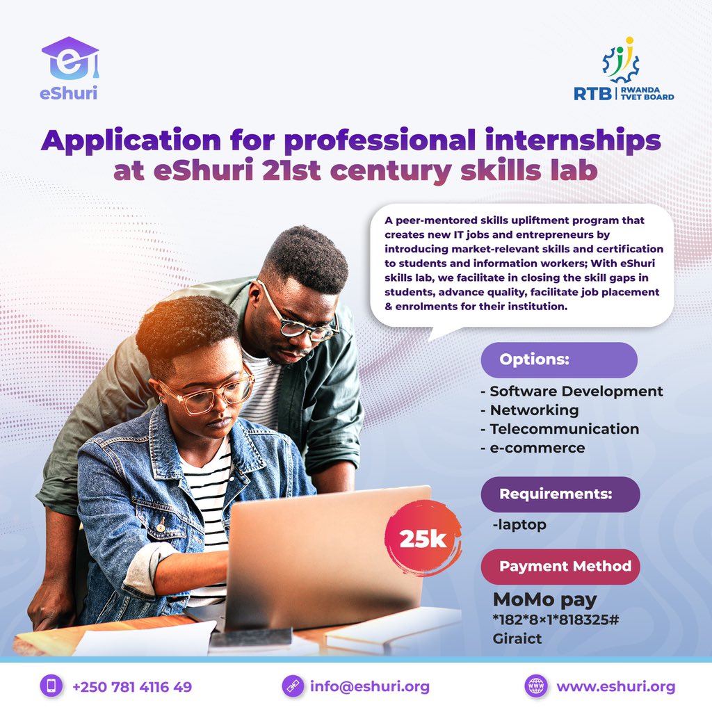 eShuri1's tweet photo. Unlock your potential at eshuri 21st century skills lab! Join our professional internships to shape the future of education.Gain hands on experience and exposure to industry practices. Apply now https://t.co/PVUJojnamV #academicinternship #ictinrwanda . https://t.co/W4IMkxom4N