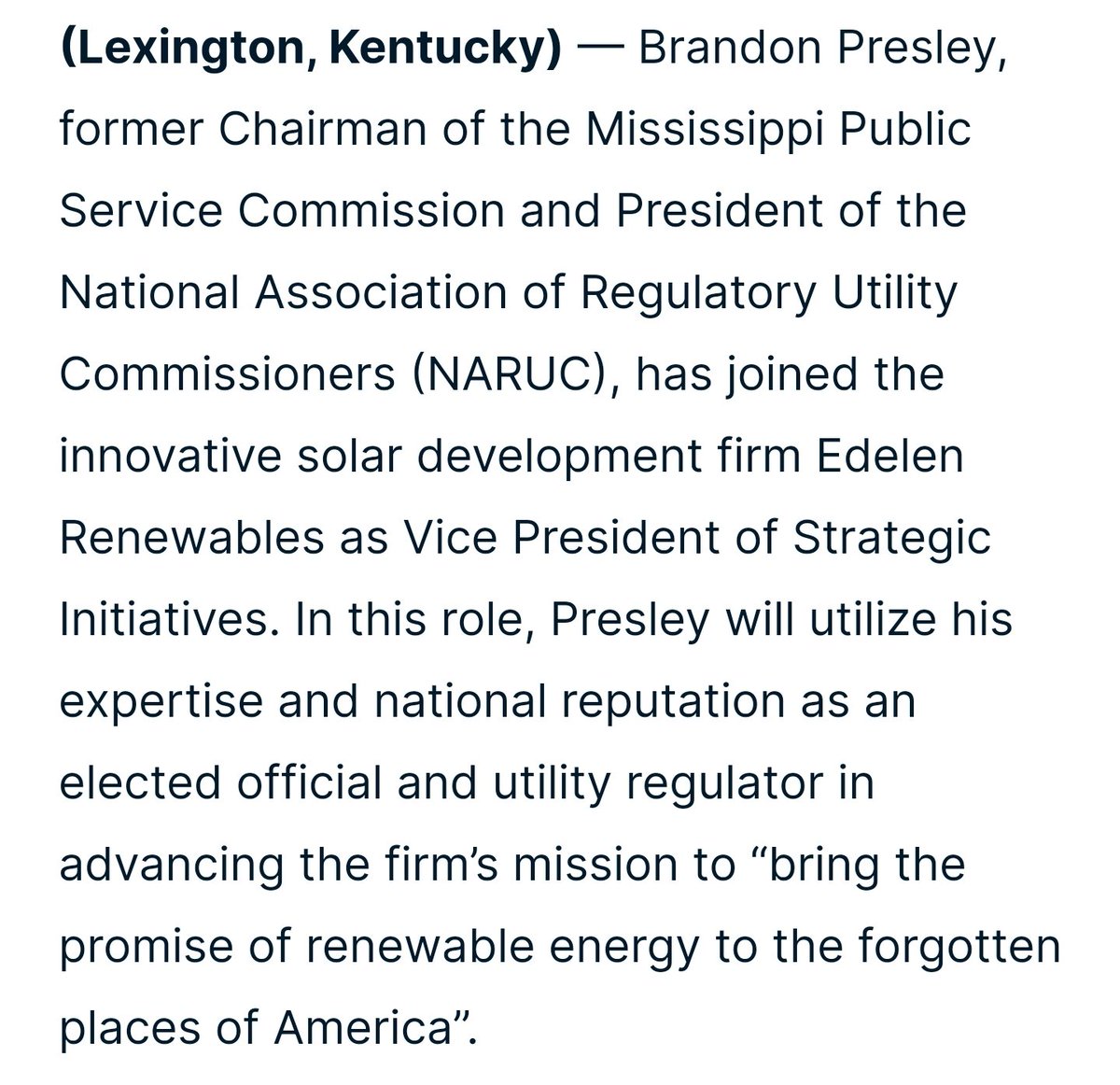 phillipmbailey's tweet image. Heads up.

Former #Mississippi gubernatorial candidate @BrandonPresley, who served as the Magnolia State's public service commission chairman, is joining @EdelenRenewable a solar power initiative which is run by former #Kentucky gubernatorial candidate @adamhedelen. #MSGov #KYGov