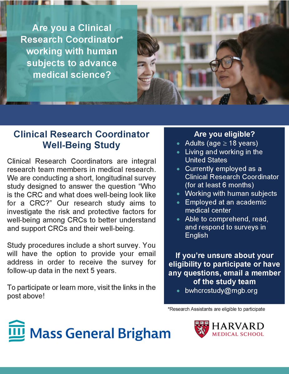 MichelleGuoMD's tweet photo. We are still recruiting participants for a well-being survey study for clinical research coordinators and research assistants! @BrighamResearch @harvardmed 
Learn more here: https://t.co/SwG1rtxAeO
To participate, click here: https://t.co/GM2mDv6EjD https://t.co/GDINHtdWOt