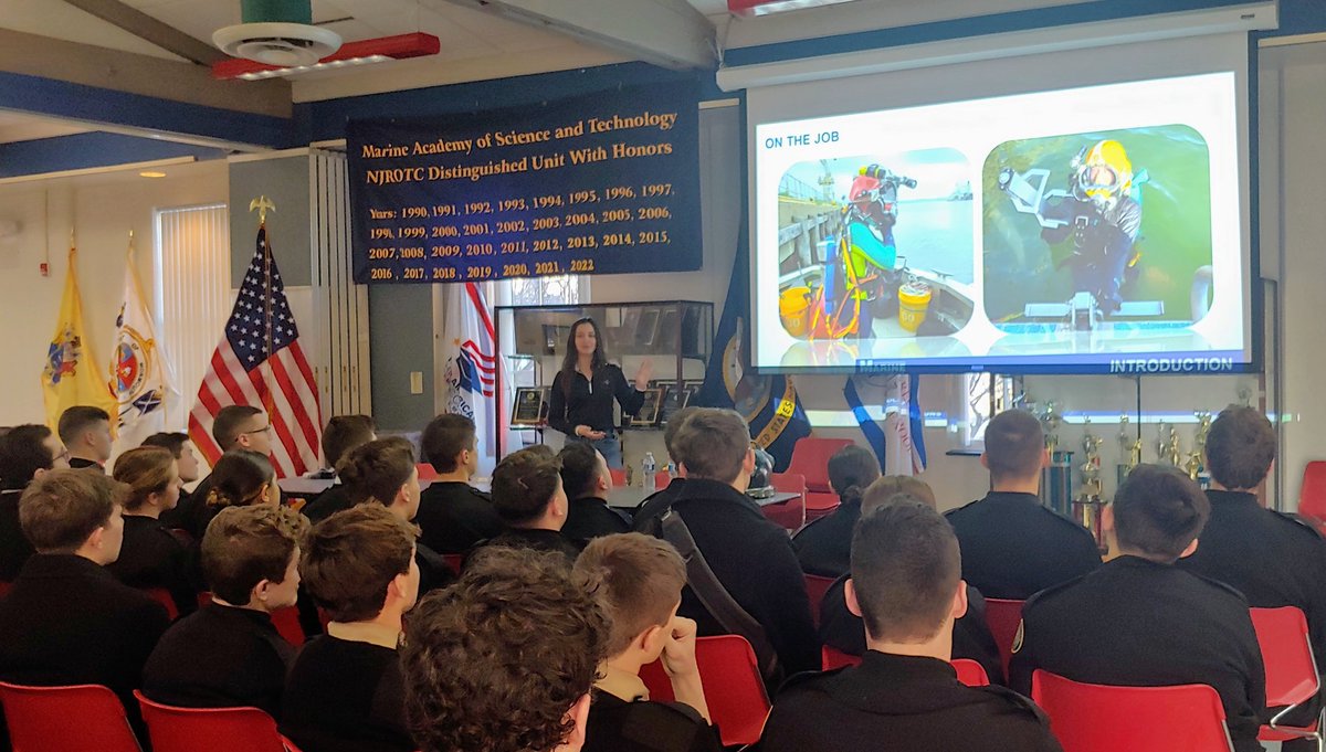 MastNjrotc's tweet photo. So happy to have Marianna Fleming MAST'14/@FollowStevens'19 speak to the junior class about #CTE opportunities! She now uses her civil eng degree as a underwater inspector/engineer-diver. @MarineSolutions @MAST_SandyHook @MASTResearch #HooyahDeepSea! #MASTProud https://t.co/NJsP7lVxfZ