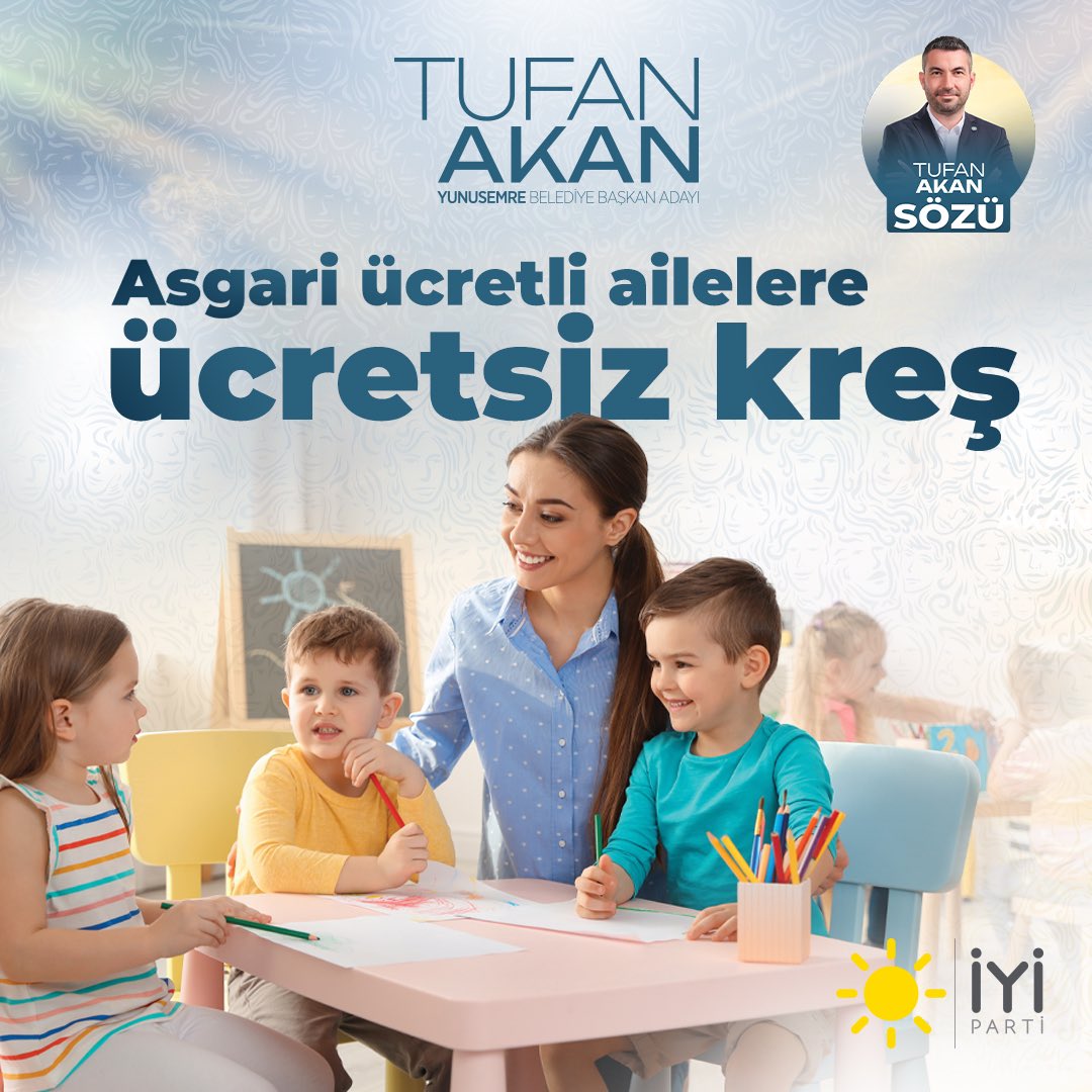 tufanakantr's tweet photo. Çocuklarımıza eşit bir gelecek sunmak için elimizden geleni yapacağız. Bunun için Yunusemre Belediye Başkanı olduğumda hayata geçireceğim projelerimden biri de “Asgari ücretli ailelere ücretsiz kreş” olacak.

Bugünümüzün neşesi, yarınlarımızın teminatı çocuklarımız için birlikte kazanacağız.

#SevdamızYunusemre