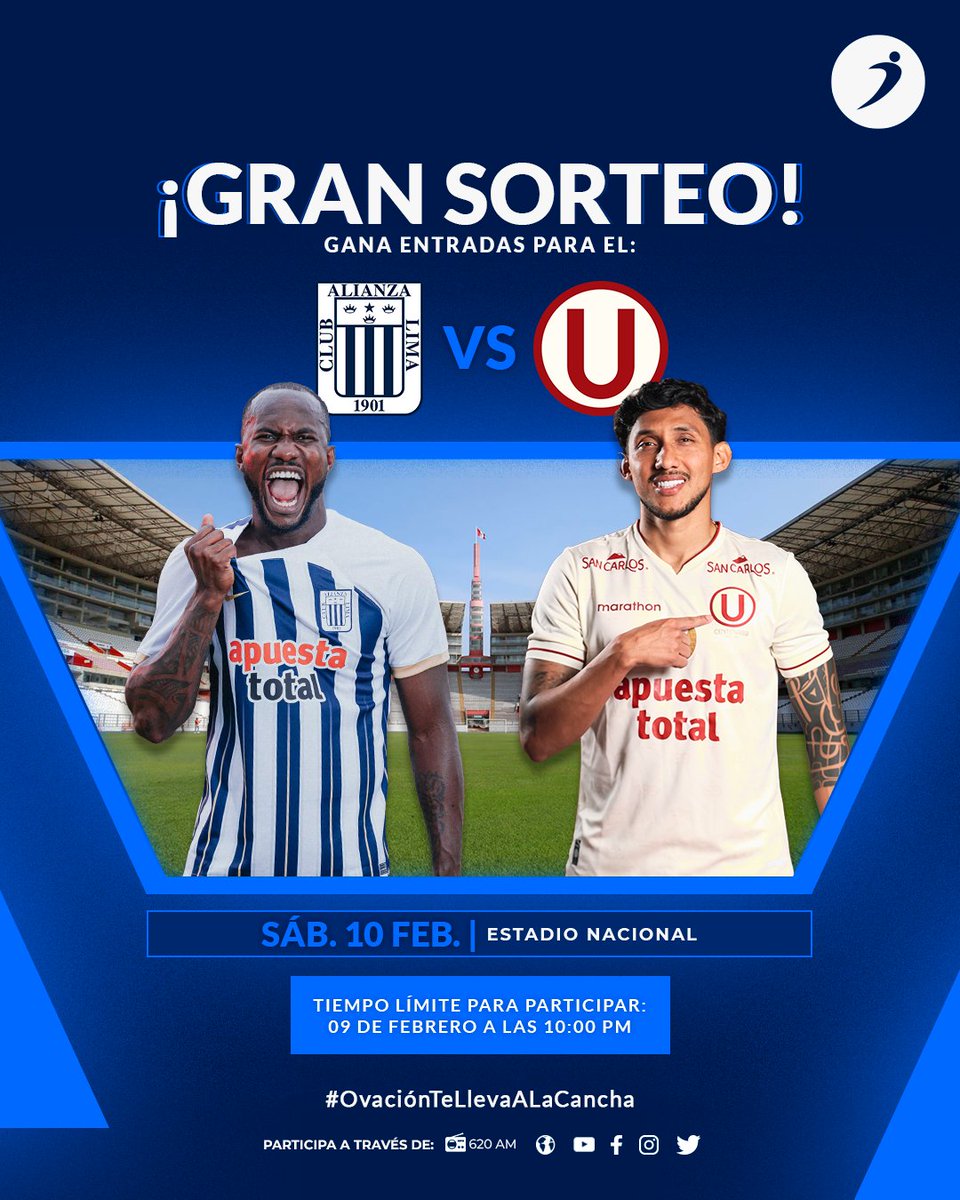 ¡TE LLEVAMOS A LA CANCHA! 📣⚽
#Ovación te lleva #GRATIS al clásico del fútbol peruano entre #AlianzaLima vs #Universitario. Concursa por una de las entradas 🎟 siguiendo estos pasos:
1️⃣ Sigue: <a href="/ovacionweb/">Ovacion.pe</a> 
2️⃣ Like a la publicación y etiqueta a tres amigos.
3️⃣ Comparte el sorteo