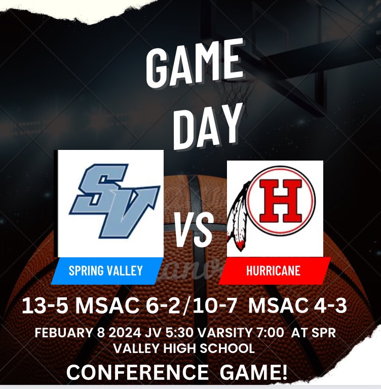 🆚Hurricane 
🏟️-Spring Valley High School 
⏳JV- 5:30 Varsity 7:00
🎥 SV media