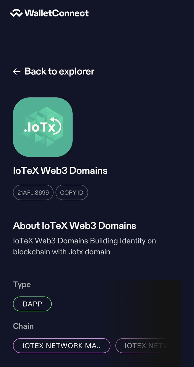 🎉 Exciting news! #IoTeXDomains is now officially reviewed &amp; listed on <a href="/WalletConnect/">WalletConnect</a>

⚡️Check out the details: explorer.walletconnect.com/iotex-web3-dom…

💎Ready to embrace your .iotx identity? Check out iotx.domains/app now! <a href="/iotex_io/">IoTeX</a> #IoTeX