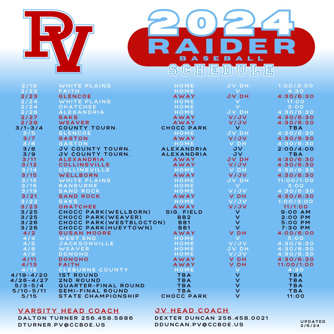2024 PVHS Baseball Schedule