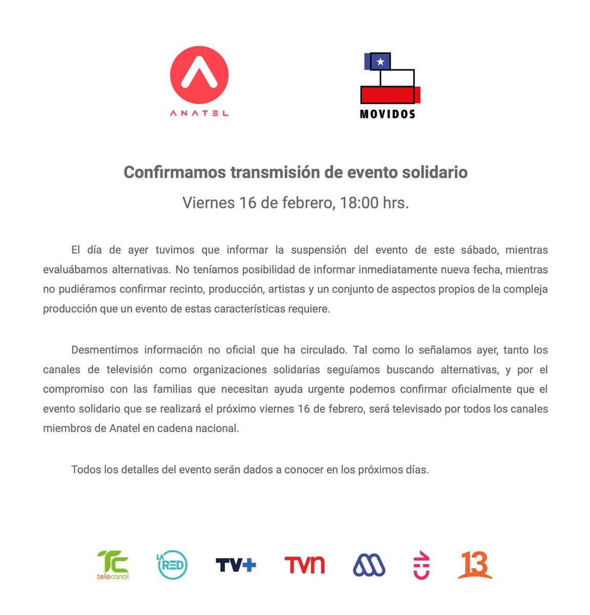 Confirmamos oficialmente que el evento solidario que se realizará el próximo viernes 16 de febrero, será televisado por todos los canales miembros de Anatel en cadena nacional.