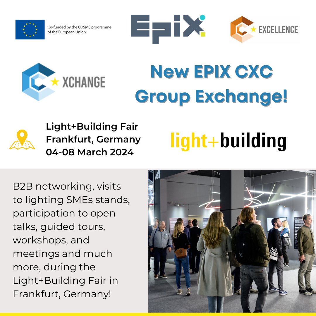 EPIX Project (@escp4xepix) on Twitter photo New EPIX #ClusterXchange mission is on the way!
We are organizing a mission in Frankfurt, Germany on the occasion of the <a href="/Light_Building/">Light + Building</a> Fair!
Read the full news on the <a href="/Clusters_EU/">European Cluster Collaboration Platform (ECCP)</a> clustercollaboration.eu/content/new-ep…
#CXC #Frankfurt #LightBuilding #Fair #mission #EPIX New EPIX #ClusterXchange mission is on the way!
We are organizing a mission in Frankfurt, Germany on the occasion of the <a href="/Light_Building/">Light + Building</a> Fair!
Read the full news on the <a href="/Clusters_EU/">European Cluster Collaboration Platform (ECCP)</a> clustercollaboration.eu/content/new-ep…
#CXC #Frankfurt #LightBuilding #Fair #mission #EPIX