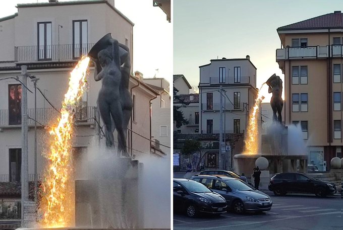 Rainmaker1973's tweet image. When the sun hits just right, this fountain in L'Aquila, Italy, looks like it’s spewing lava

[📷 u/danael]