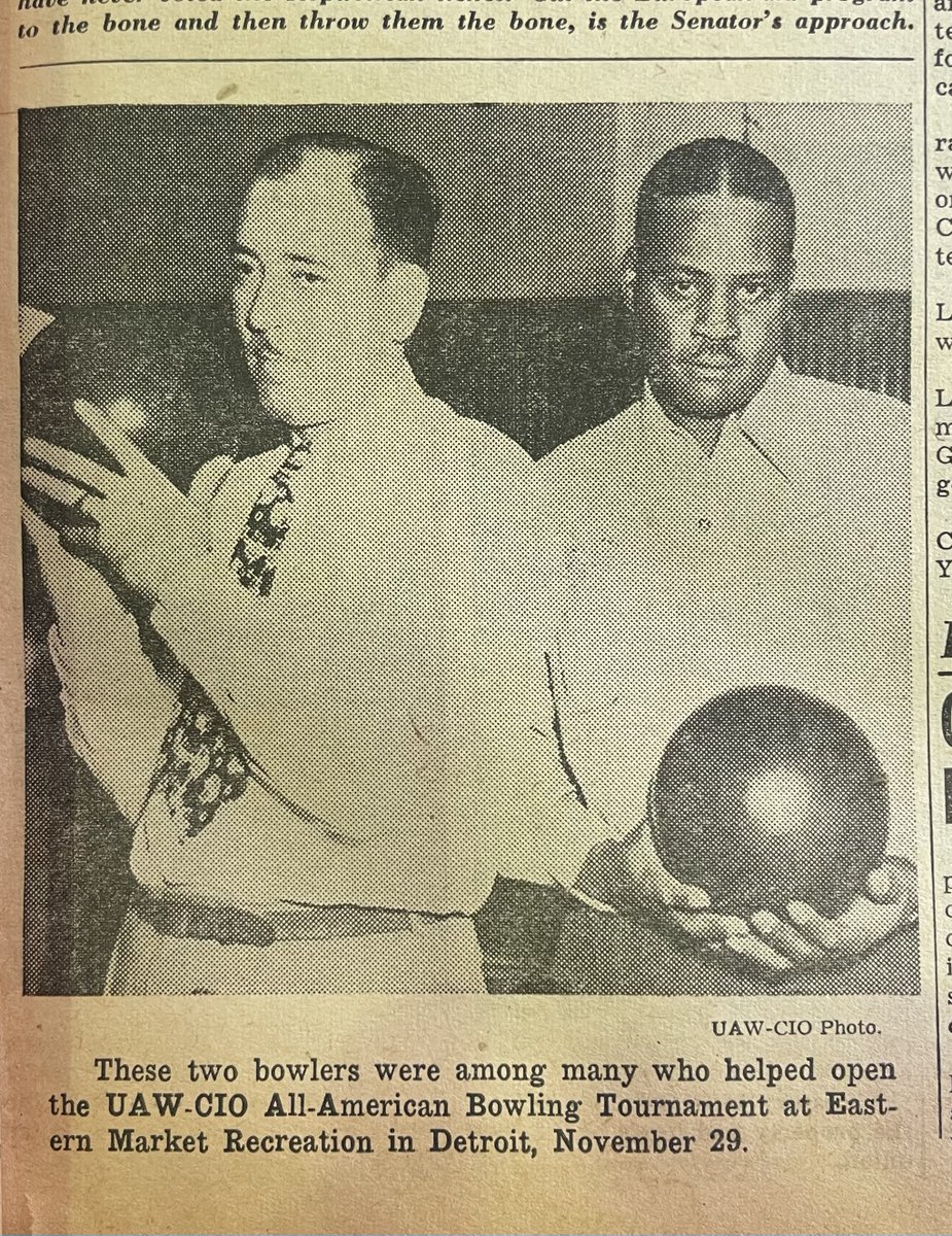 Participants in the @UAW's bowling tourney in Detroit, 1947. Integrated events like this were part of the union's larger campaign to force the American Bowling Congress to drop its policy of segregation. From the UAW's newspaper, at the @ReutherLibrary🎳 #BlackHistoryMonth