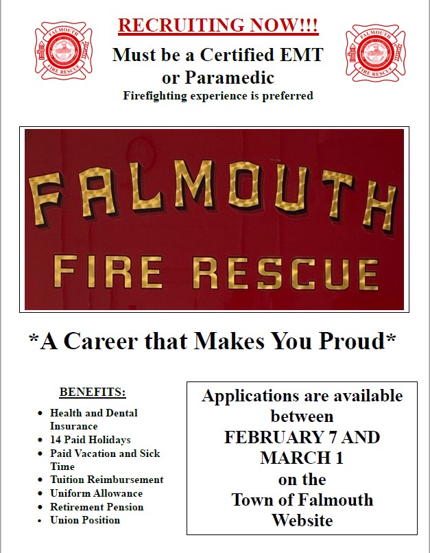 The recruitment period for Firefighter/EMT and Firefighter/Paramedic positions with Falmouth Fire Rescue Department is Open and we are accepting applications until March 1st, 2024. 

To apply and for the full list of requirements falmouthma.gov/723/Current-Jo…