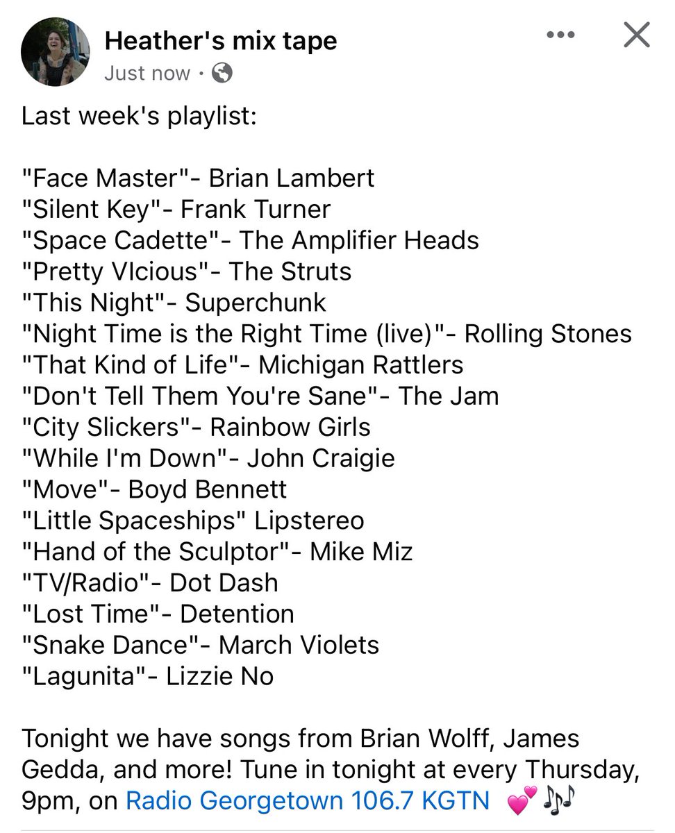 Last week ft. @LambertBrian7, @frankturner, @TheStruts, @superchunk, @RollingStones, @MichRattlers, @rainbowgirrs, @johncraigie, @Lipstereoband, @mikemizmusic, @DotDashDC, @march_violets &more. Tune in Thursdays, 9pm, on @KGTNGeorgetown 💕🎶