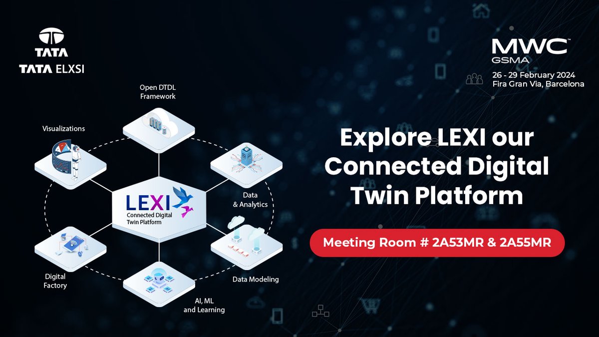 tataelxsi's tweet photo. Join us at Meeting Rooms # 2A53MR & 2A55MR, where we will be showcasing innovative use cases around LEXI - a Connected Digital Twin platform.
Book a meeting! https://t.co/rfRycPLrBJ
#MWC24 #Telecom #digital #visualization #simulation #cloudneutral #domainneutral #aiml https://t.co/qoy9ueuBR2