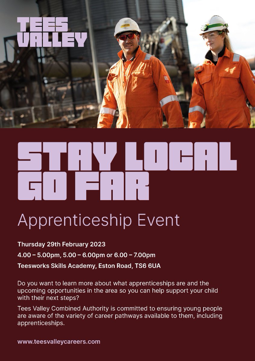 OutwoodOrmesby's tweet image. Do you want to learn more about what apprenticeships are and the opportunities in the area so you can help support your child with their next steps? Go along to the event at Teesworks Skills Academy on Thursday 29th February! @TeesValleyCA 
#NAW2024 #StayLocalGoFar