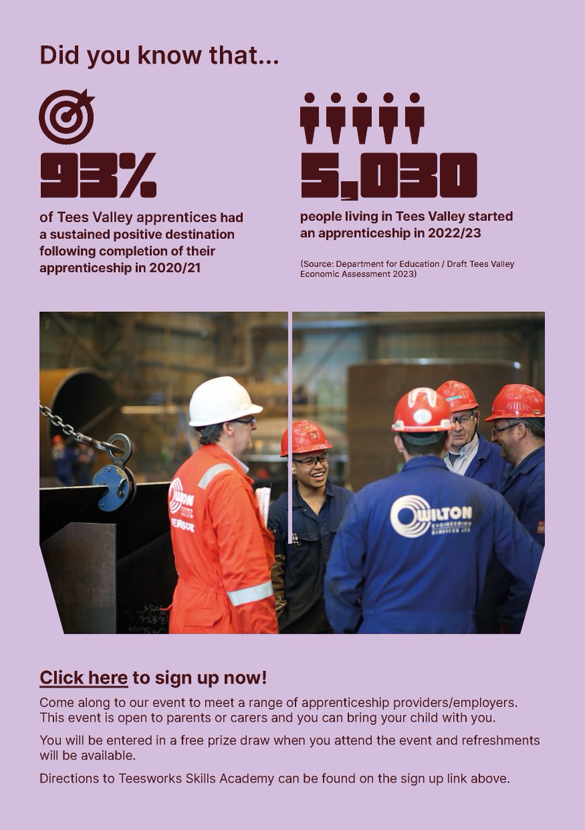 OutwoodOrmesby's tweet image. Do you want to learn more about what apprenticeships are and the opportunities in the area so you can help support your child with their next steps? Go along to the event at Teesworks Skills Academy on Thursday 29th February! @TeesValleyCA 
#NAW2024 #StayLocalGoFar