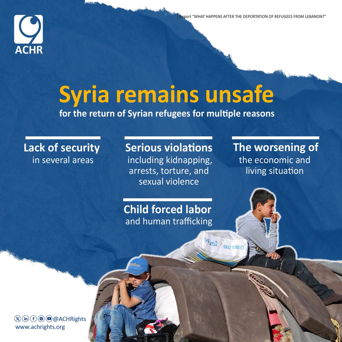 ACHRights's tweet photo. The #security_campaign to forcibly deport #Syrian refugees poses an imminent threat on their lives because of the tragic situation in Syria that is not suitable for their #safe_return within the security, political and legal context.
To view the report of Access Center for Human Rights (ACHR) on “What happens after the deportation of refugees from Lebanon?” check the following link:
https://t.co/kVGtVEepim
#Together_For_Human_Rights #no_for_deportation #forced_deportation #Refugeesnews #syria_not_safe #return #protect_refugees #violations #human_rights #refugees_rights #syrian_refugees #asylum #syria #lebanon #refugee
