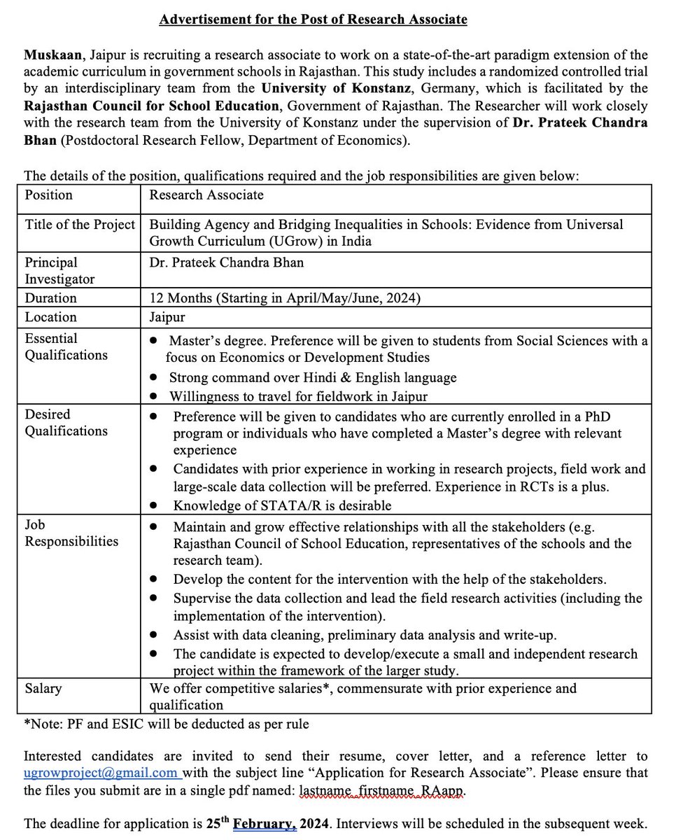 Prateek Bhan (@prateek_bhan) on Twitter photo Looking for a #ResAssociate to work with <a href="/ChristinaFelfe/">Christina Felfe</a> <a href="/ASHartmann/">Andrea S. Hartmann Firnkorn</a> & me on an exciting project introducing & evaluating a curriculum extension in govt schools in #Rajasthan. Applications invited till 25Feb (See attached) Pls share& apply-Jaipur is a grt city+research is fun!:) Looking for a #ResAssociate to work with <a href="/ChristinaFelfe/">Christina Felfe</a> <a href="/ASHartmann/">Andrea S. Hartmann Firnkorn</a> & me on an exciting project introducing & evaluating a curriculum extension in govt schools in #Rajasthan. Applications invited till 25Feb (See attached) Pls share& apply-Jaipur is a grt city+research is fun!:)