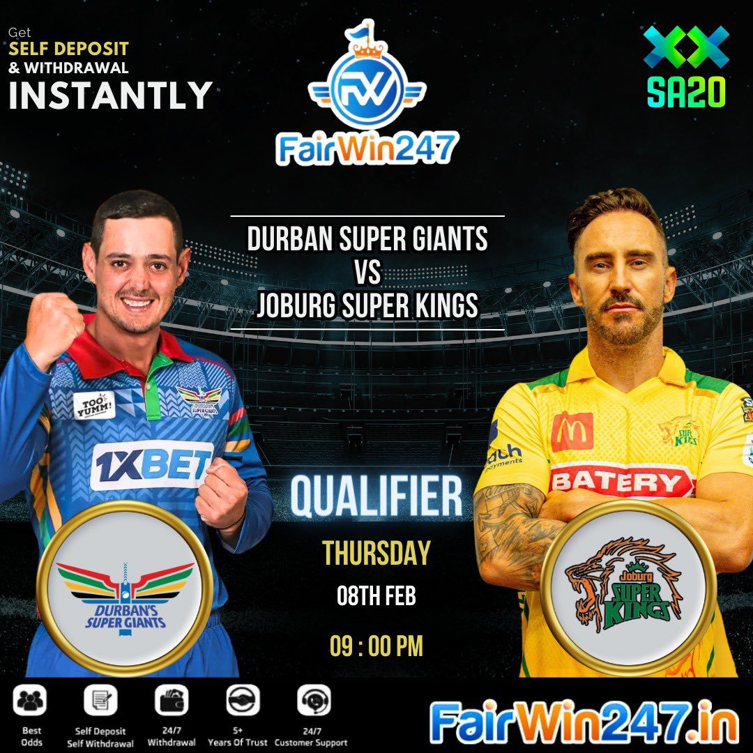 It's the Qualifier 2 time  in #SA20! 

Who will join Sunrisers Eastern in the finals - 
Durban or Resurgent high on form JSK

Play Now 👉🏻 bit.ly/Fairwin247

▪️Toss
▪️Match Odds
▪️Runline/Fancies
▪️Cash Out
▪️24/7 Service 

Play Now and Win Big !! 

#JSKvDSG
