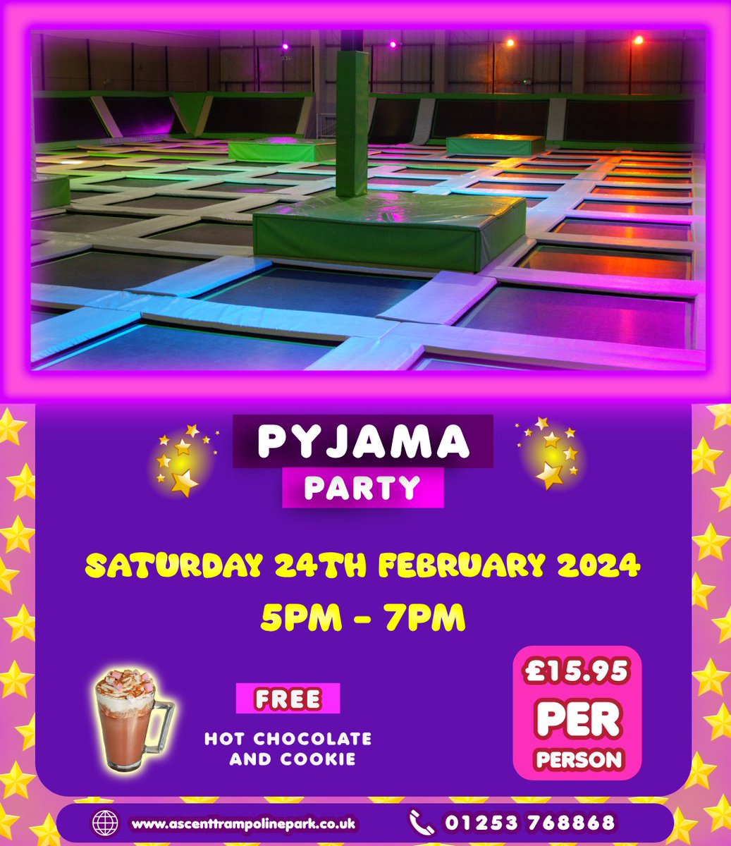 Ascent Trampoline Park (@ascentpark) on Twitter photo ⭐️ PYJAMA PARTY - SAT 24TH FEB! ⭐️
The evening will include:
🕒 2 Hours' access to ALL Features
🥇Prizes for the most interesting Pyjamas
🍪 FREE Hot Chocolate and Cookie for all guests
🖥️ ascentpark.my.site.com/kiosk/s/
📞 01253 768868 ⭐️ PYJAMA PARTY - SAT 24TH FEB! ⭐️
The evening will include:
🕒 2 Hours' access to ALL Features
🥇Prizes for the most interesting Pyjamas
🍪 FREE Hot Chocolate and Cookie for all guests
🖥️ ascentpark.my.site.com/kiosk/s/
📞 01253 768868
