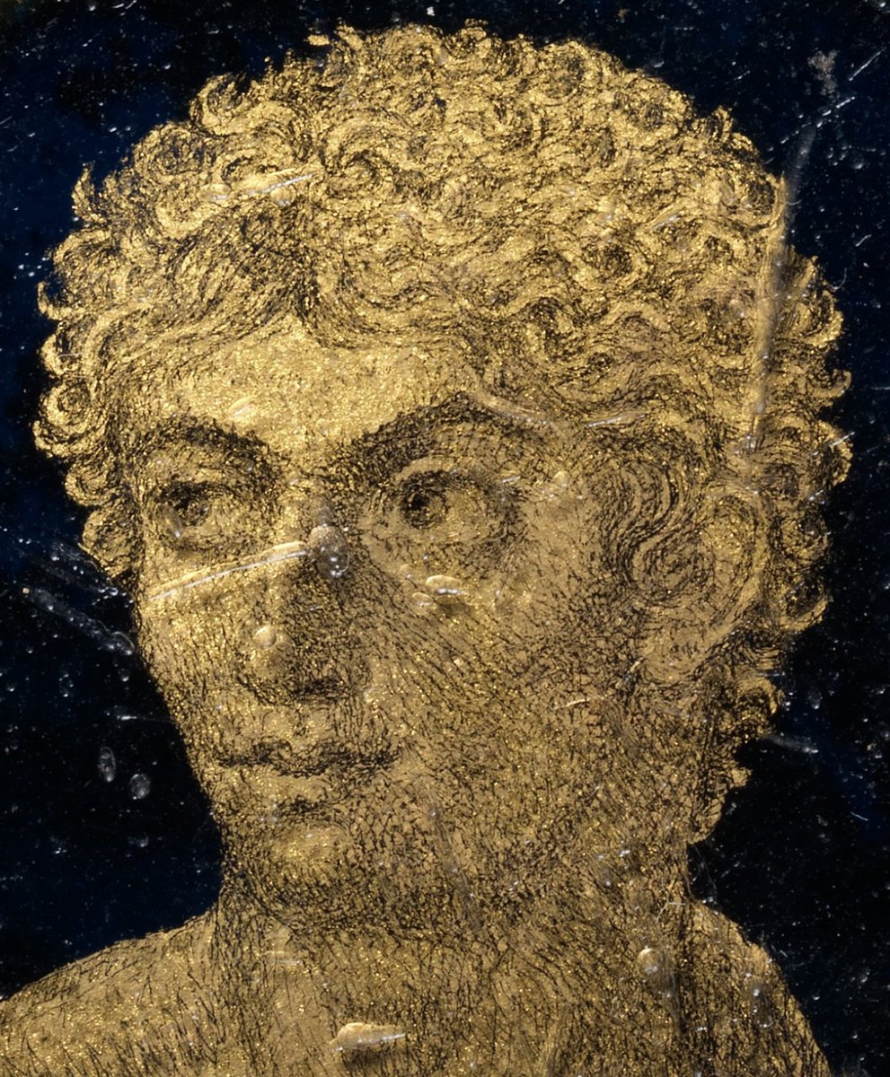 Detail, Medallion with a Portrait of Gennadios, c. 250–300 AD. Made in Alexandria, Egypt. Medium: Glass, gold leaf, polychromy. Collection: The Met.