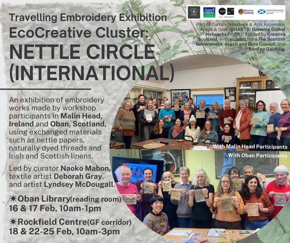 Travelling Embroidery Exhibition #EcoCreativeCluster #NettleCircleInternational. Oban Library @LiveArgyllLib reading room 16 & 17 Feb, 10am-1pm. Then @RockfieldCentre GF corridor 18 & 22-25 Feb, 10am-3pm. Embroidery by workshop participants in Malin Head, Ireland & Oban, Scotland