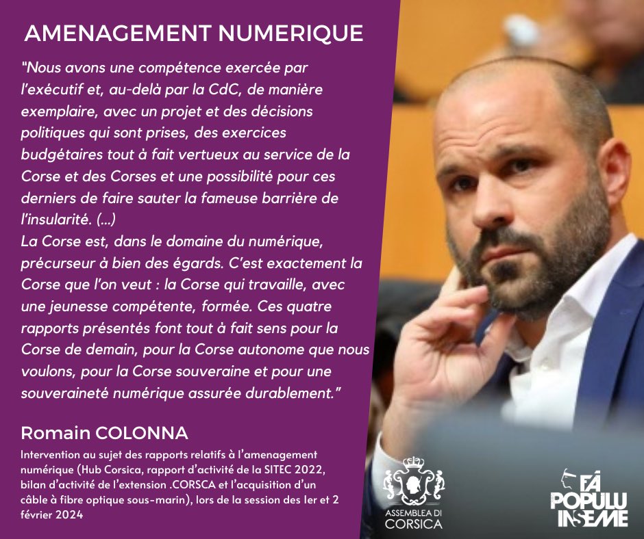 fapopuluAC's tweet photo. [#NUMERICU 💻📲]
La @IsulaCorsica poursuit son travail dans le domaine du numérique pour faire de la Corse une île connectée, ouverte sur le monde et la Méditerranée, inclusive et résiliente.

Découvrez l'intervention de @Romain_Colonna ⤵️
📹 https://t.co/38jQamokHh https://t.co/uxHDVQeFVa