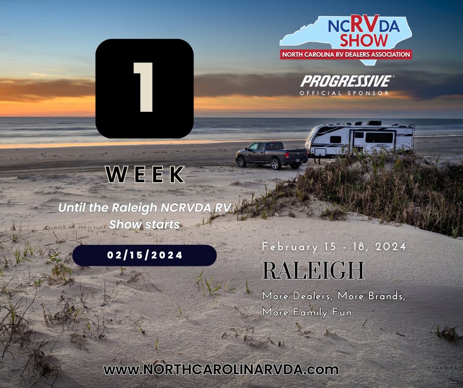 NCRVDA's tweet photo. We are 1 Week away from the last PROGRESSIVE NCRVDA RV Show &amp; Sale until August in Raleigh, NC!

More Dealers, More Brands, More Family Fun.

You do not want to miss our seminars at this show! We have Shari + Hutch + Hamlet, better know as Freedom in a Can: Adventures with Hamlet https://t.co/0XxeprPVGs