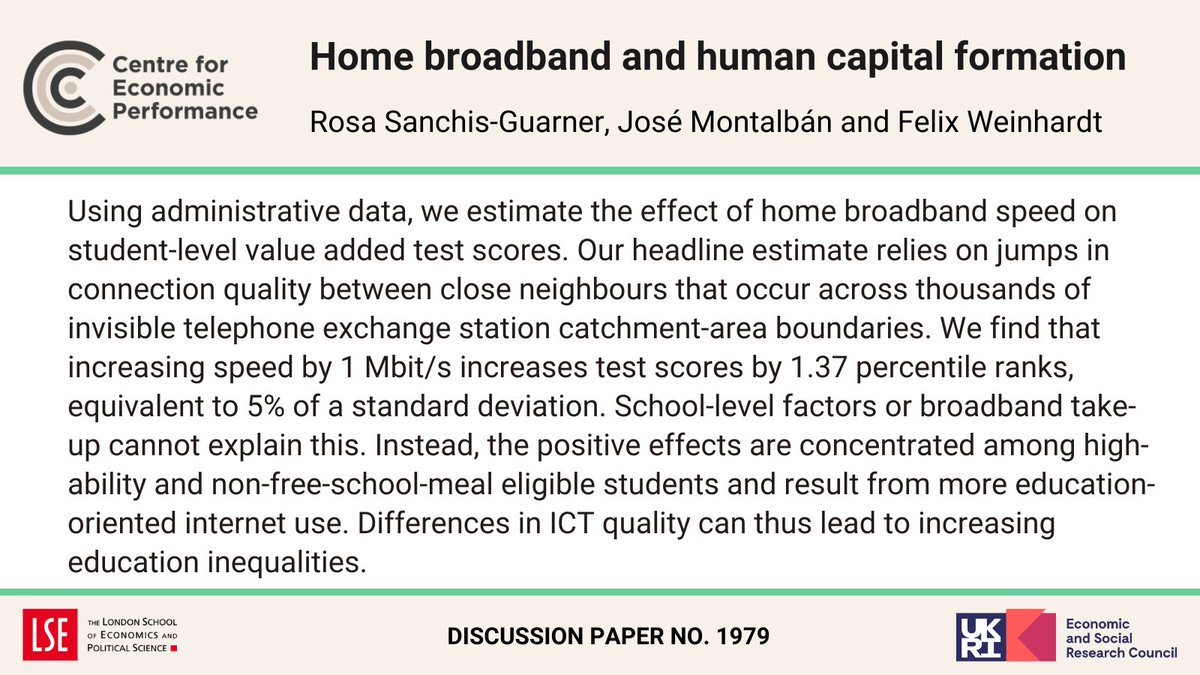 Centre for Economic Performance (@cep_lse) on Twitter photo Home broadband and human capital formation
By <a href="/RosaSanchisG/">Rosa Sanchis-Guarner</a> <a href="/jmontalbancas/">José Montalbán Castilla</a> and <a href="/FelixWeinhardt/">Felix Weinhardt</a>
Read: ow.ly/Ygl450QzbKJ Home broadband and human capital formation
By <a href="/RosaSanchisG/">Rosa Sanchis-Guarner</a> <a href="/jmontalbancas/">José Montalbán Castilla</a> and <a href="/FelixWeinhardt/">Felix Weinhardt</a>
Read: ow.ly/Ygl450QzbKJ