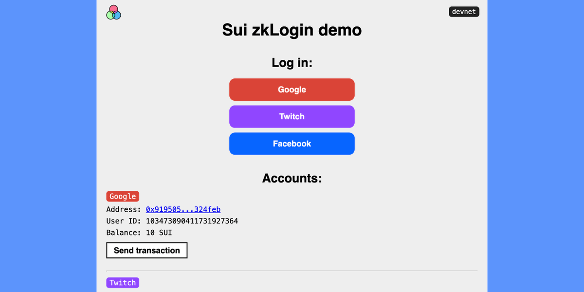 I updated and improved my Sui zkLogin demo implementation It's a simple React webapp and the code is meant to be an end-to-end tutorial for how to implement zkLogin github.com/juzybits/polym… Changes include: - Use newest mysten/sui.js and mysten/zklogin - Add faucet button -…