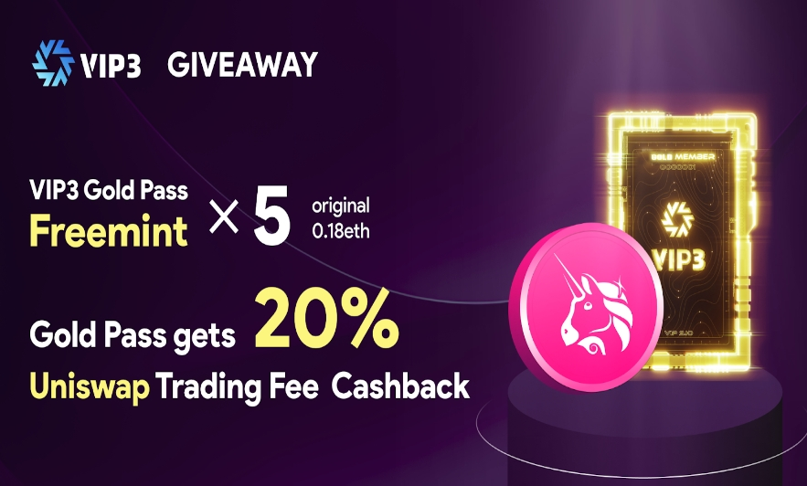🎁VIP3金卡Free白 X 5

一直关注的Web3返现平台<a href="/web3vip/">VIP3</a>推出了Uniswap返现权益 
 
💰持有VIP3 Pass可得到20%Uniswap交易手续费返现  

🎁抽5个VIP3金卡Freemint白，原价0.18ETH一个

参与Giveaway:
1⃣Follow <a href="/web3vip/">VIP3</a> and <a href="/xigepto/">xigepto</a> 
2⃣Like, RT, Tag 3

End in 48H