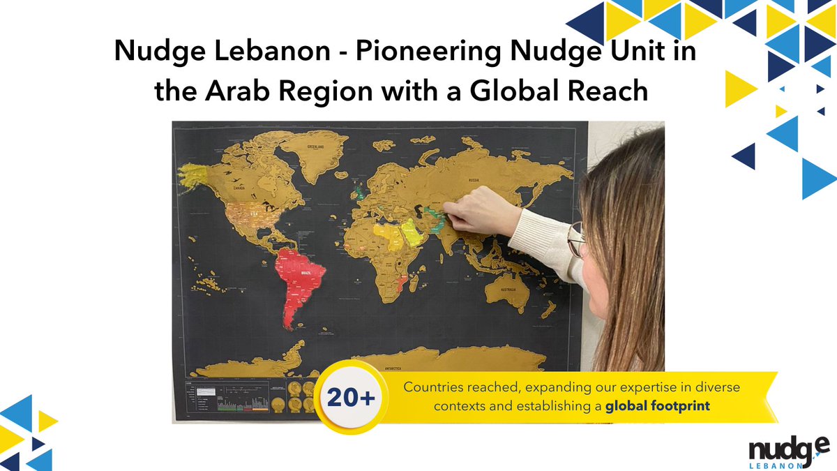 NudgeLebanon's tweet photo. Nudge Lebanon is proud to be the pioneering 'nudge unit' in the Arab region, making waves globally. 🗺️ With projects in 20+ countries, our scratch map reflects our journey and impact. Follow our journey as we continue to nudge for positive change worldwide! 🌍 https://t.co/lQ5gIJWoef