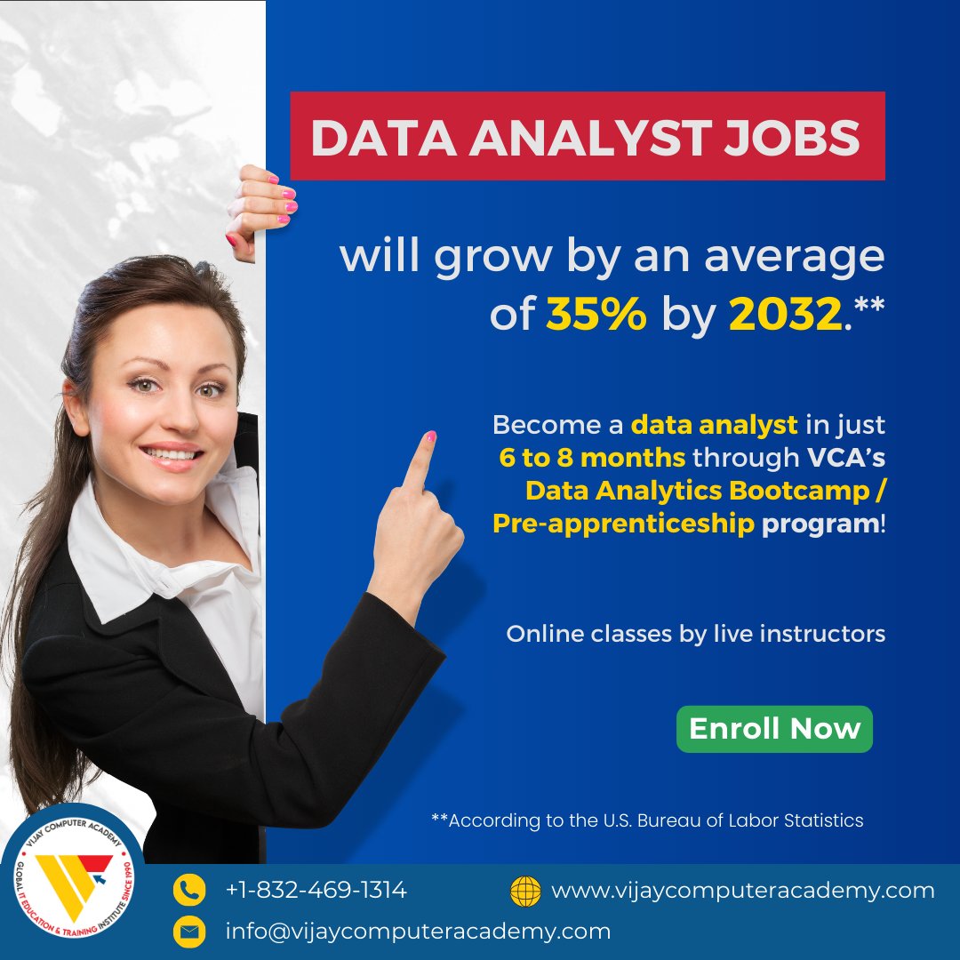 Did you know that data analyst jobs will grow by an average of 35% by 2032? Become a data analyst in just 6 to 8 months through VCA’s Data Analytics Bootcamp / Pre-apprenticeship program! vijaycomputeracademy.com/inquiry-page/ #apprenticeshipusa #dataanalytics #datascience #workforce