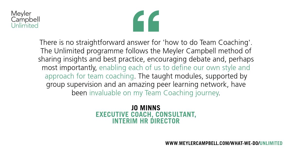 📗 Unlimited at a glance.

The <a href="/meylercampbell/">Meyler Campbell</a> team coaching programme, Unlimited, brings together practising executive coaches who are committed to becoming Team Coaches - and helps them develop solutions and skills together. Find out more here: meylercampbell.com/what-we-do/unl…