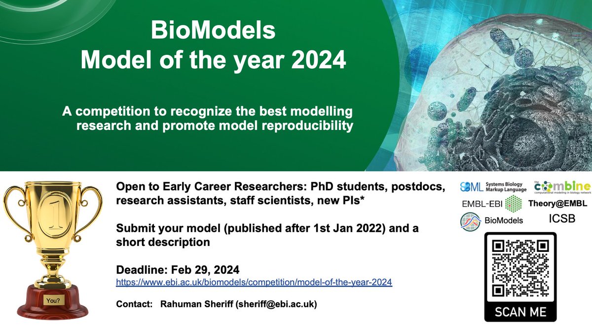 🌟 Inviting early career researchers to showcase your mathematical model of a biological system at the BioModels' Model of the Year 2024 competition!  Submit your exciting work, gain recognition, and win cash prize! Deadline: Feb 29, 2024. More info: ebi.ac.uk/biomodels/comp…