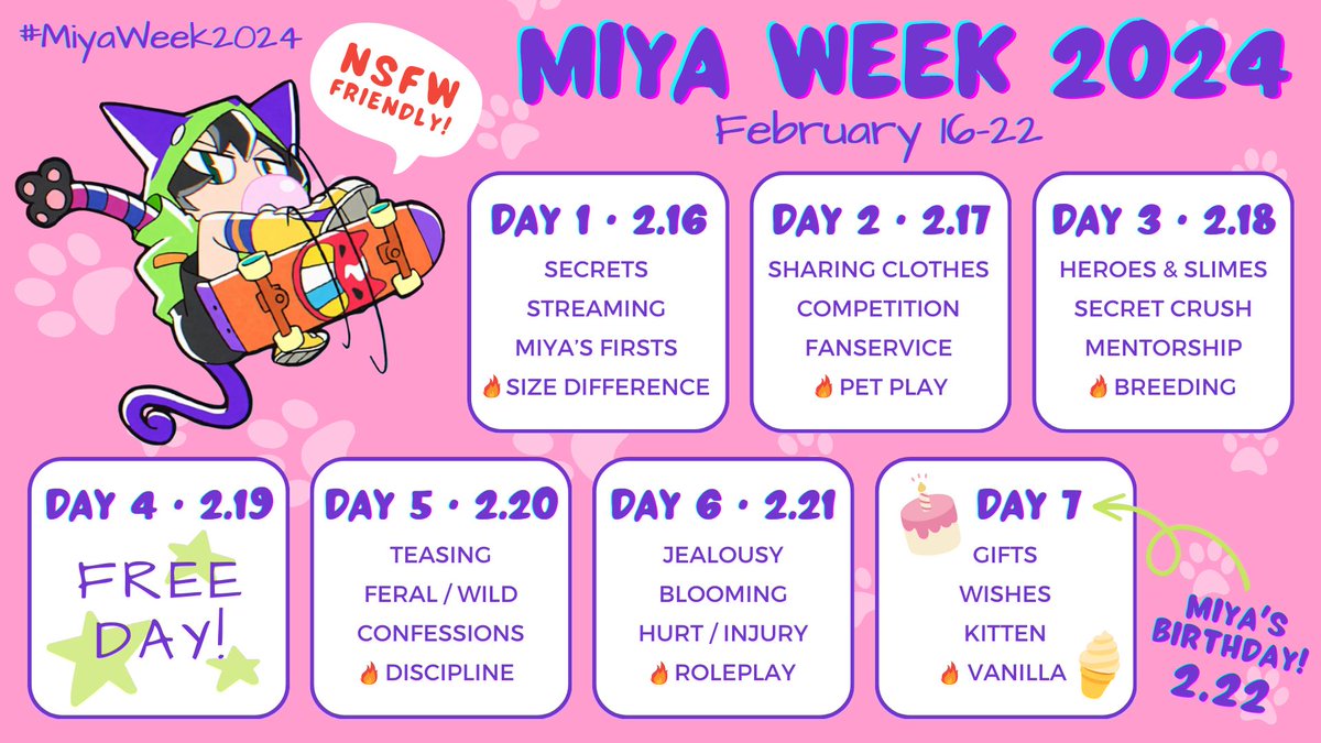 MiyaWeeks's tweet photo. It's time for #MiyaWeek2024! 🐱🛹
Dates: Feb 16 - 22
Miya's Birthday: Feb 22nd 🥳
🔸 18+
🔸 SFW & NSFW
🔸 All fanworks welcome!
🔸 Include CWs and tag your works 🔥
🔸 Tag @MiyaWeeks for 🔁
🔸 More event info: https://t.co/dlkXNvSHmn
🧵 Text prompts ⬇️
#MiyaChinen #MiyaWeek #Sk8 https://t.co/4CBNZQkOAb
