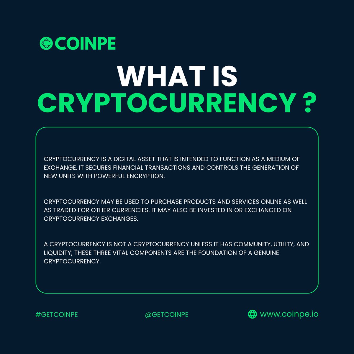 getCoinpe's tweet photo. What is Cryptocurrency ?

#Cashcoin #coinpe #cpx #getcoinpe #crypto #bitcoin #cryptocurrency #blockchain #ethereum #btc #forex #trading #money #cryptonews #cryptotrading #bitcoinmining #cryptocurrencies #investing #eth #bitcoinnews #bitcoins #nft #business #invest #binance https://t.co/n5QI9sH5KM