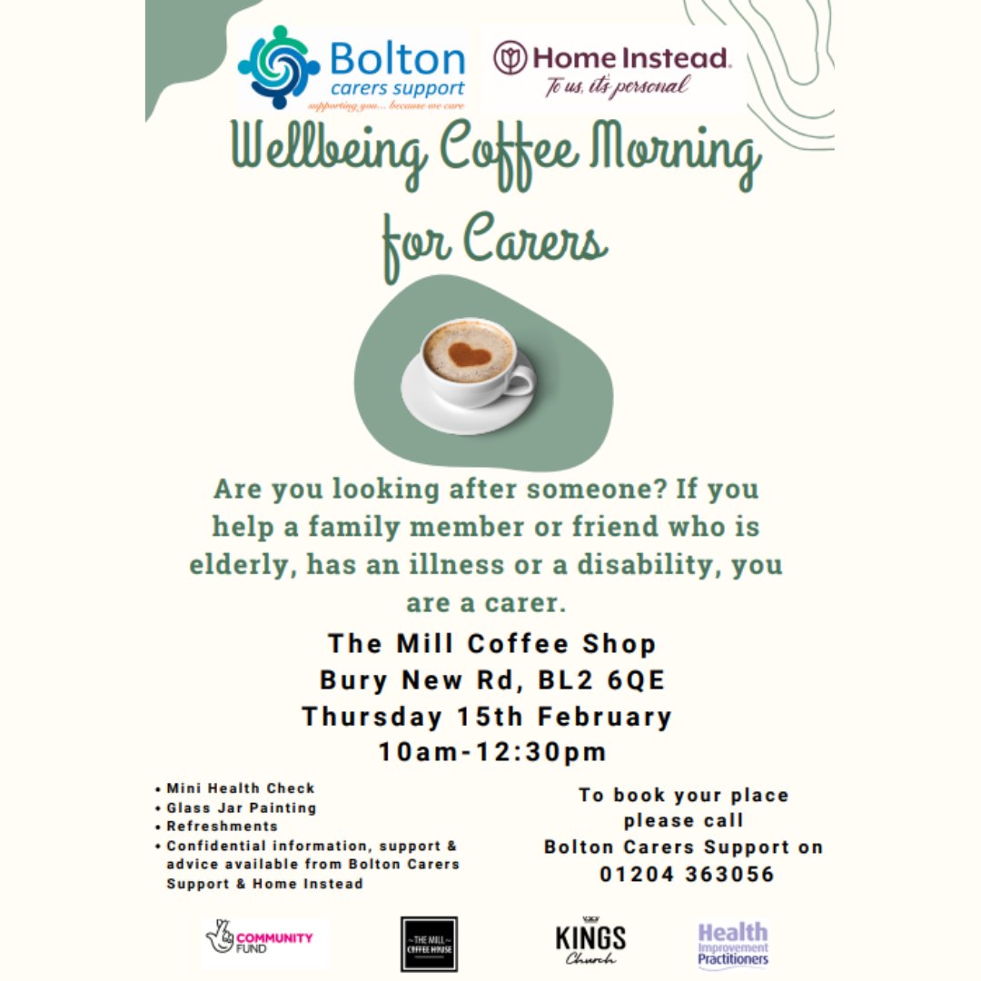 A wellbeing coffee morning for carers is taking place on Thursday the 15th of February at The Mill Coffee Shop. To book your place call @boltoncarers on 01204 363056.