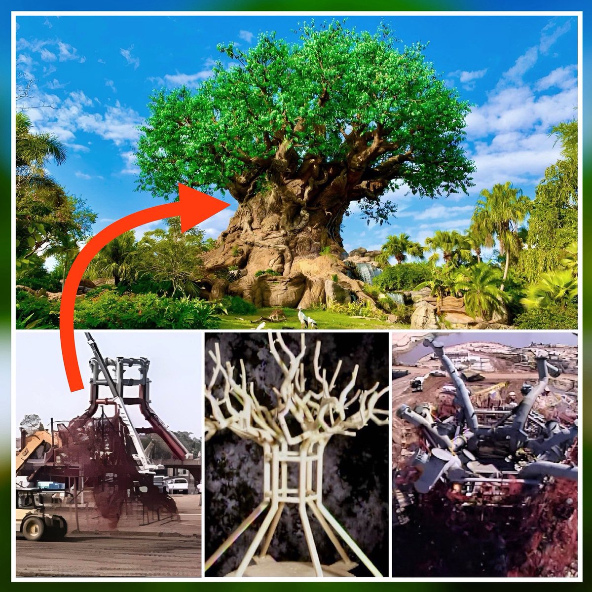 Parkeology's tweet photo. Disney used an oil rig as the substructure for the Tree of Life in Disney’s Animal Kingdom. While this is cool trivia to drop on your casual friends the real question is can you name at least two other times oil rigs have appeared in the parks? https://t.co/xn037X0Kdg