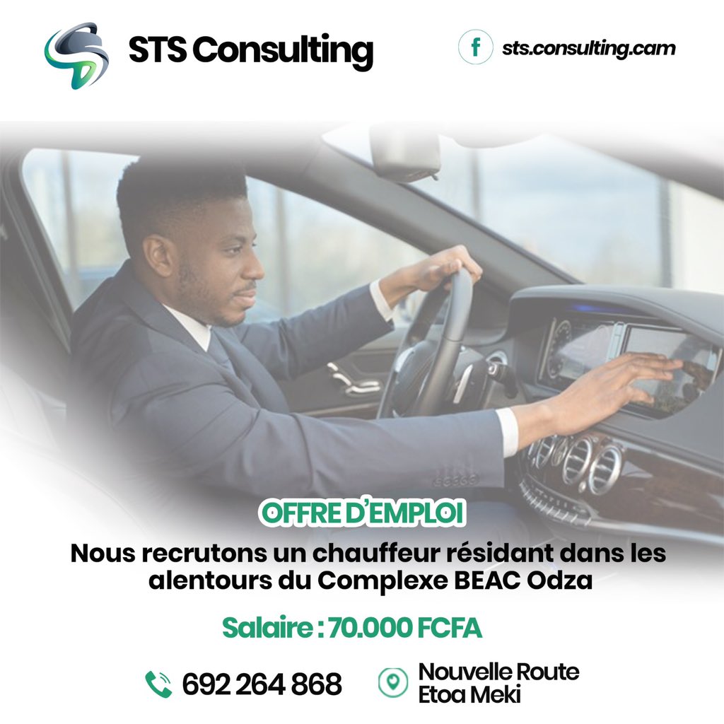 🚨Offre d’Emploi🚨

Nous recrutons un chauffeur résidant dans la zone d’Odza Entrée BEAC , bien vouloir faire parvenir vos dossiers au numéro 692 264 868

#offredemploi #JobAlert #STS