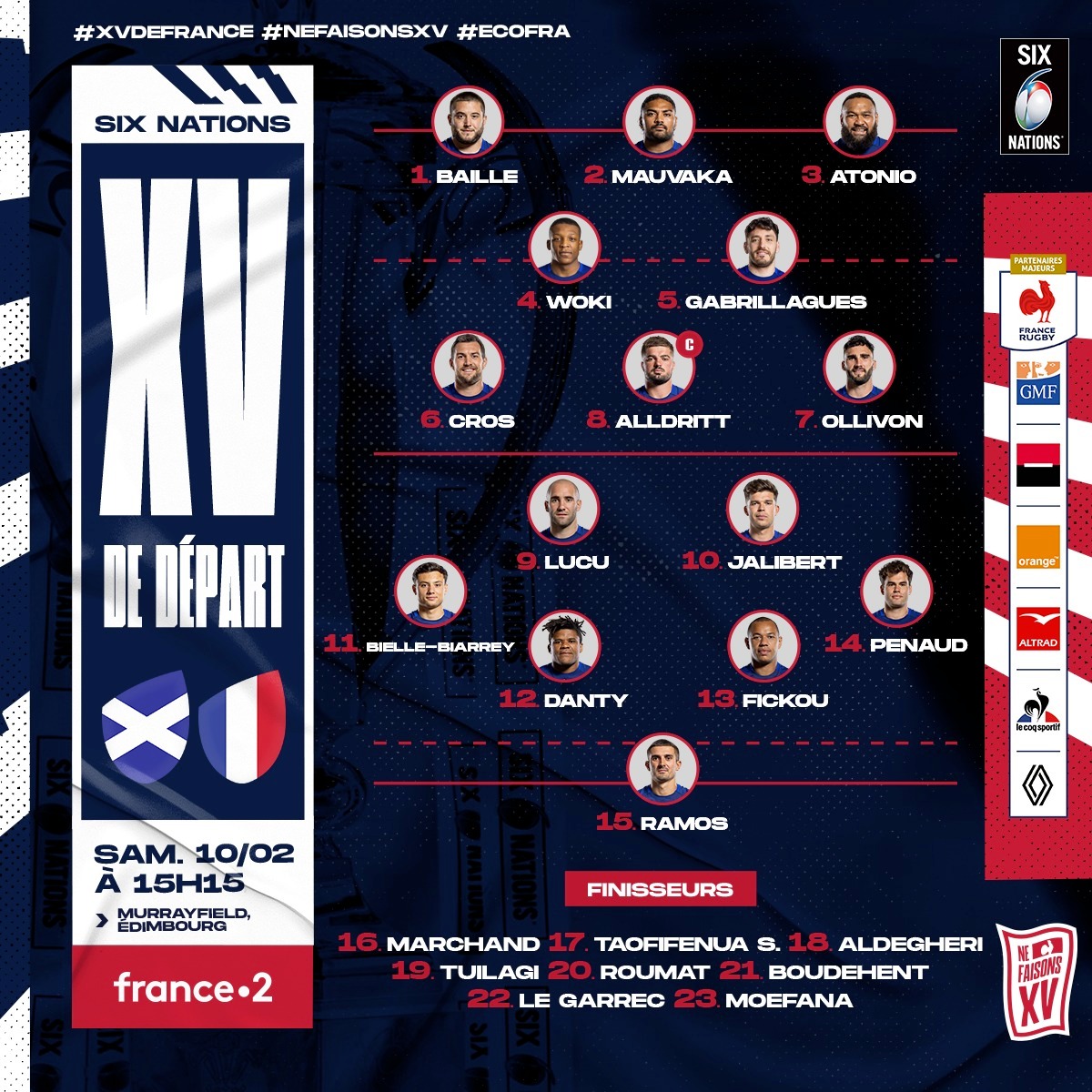 CompoRugby's tweet image. 🏴󠁧󠁢󠁳󠁣󠁴󠁿 @Scotlandteam - @FranceRugby 🇨🇵

⏱️ Samedi, 15h15
📺 France 2
🏟️ Stade Murrayfield, Edinburgh 

#GuinnessSixNations #SCOvFRA #SCOFRA