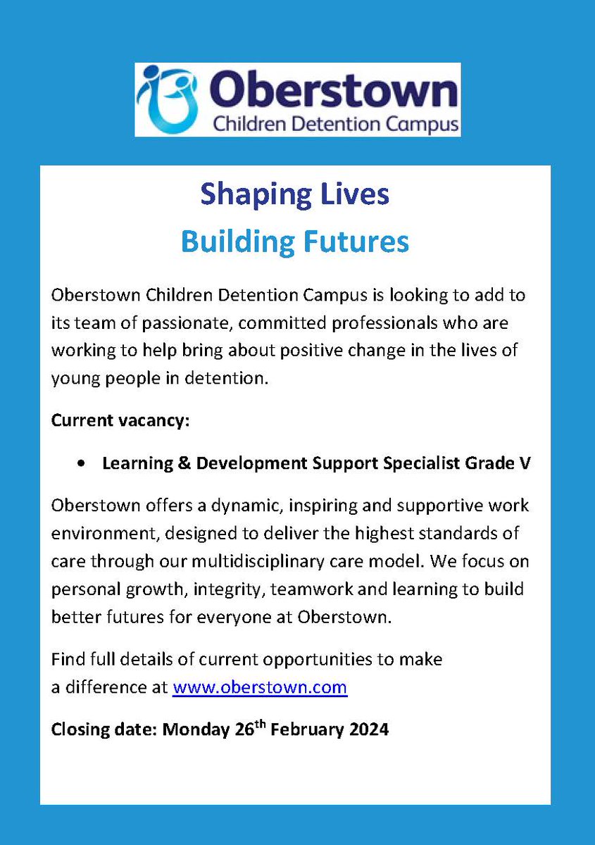 Learning &amp; Development Specialist Grade V
#opportunity #learninganddevelopment 

bit.ly/Oberstown_Jobs