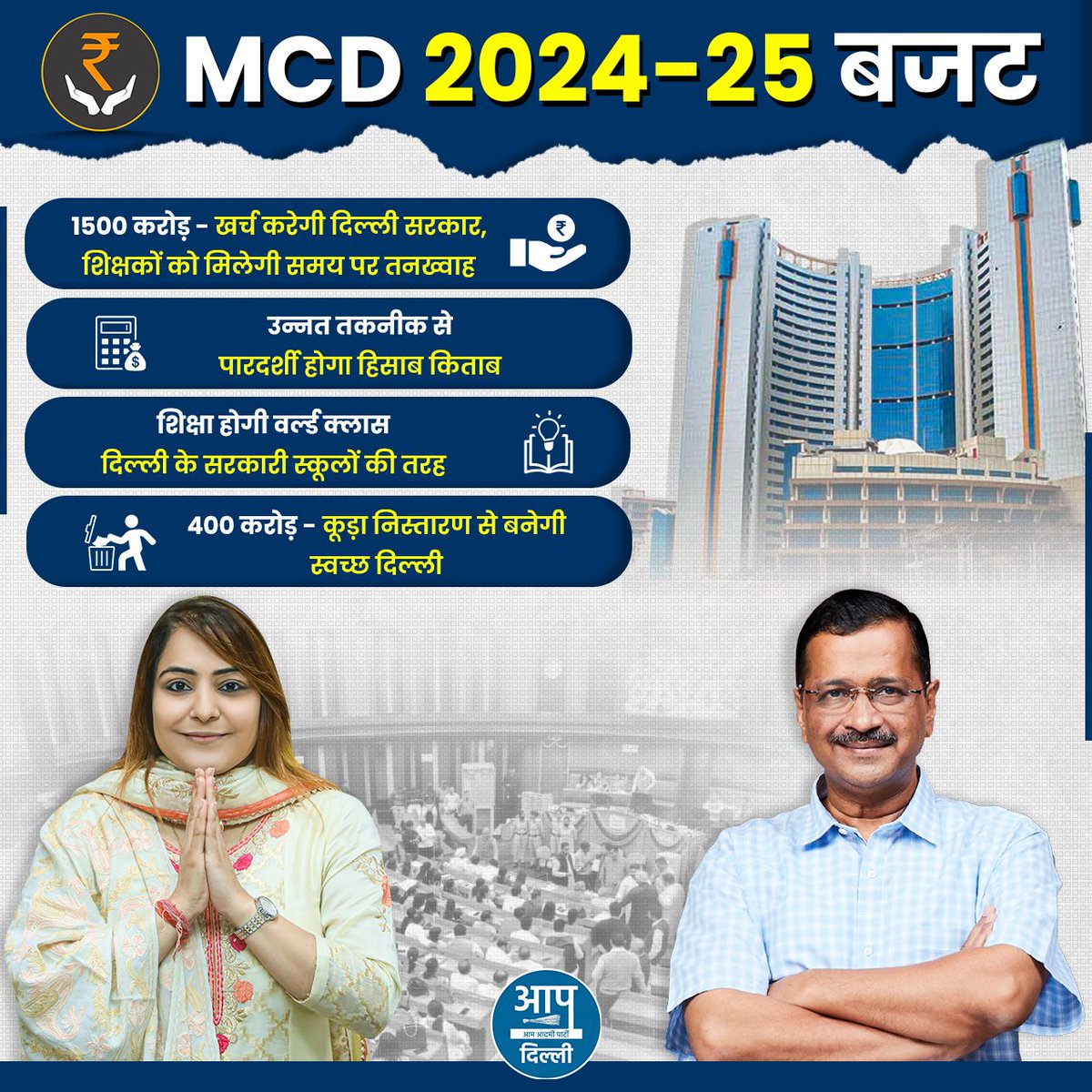 दिल्ली के लोगों ने हमें MCD में भी काम करने की ज़िम्मेदारी दी थी, उसे पूरी ईमानदारी से निभाते हुए हम दिन-रात मेहनत से काम कर रहे हैं। हमें मिलकर दिल्ली को एक साफ़-स्वच्छ और सुंदर शहर बनाना है।
:अरविंद केजरीवाल मुख्यमंत्री 

#AAPkaMCDBudget