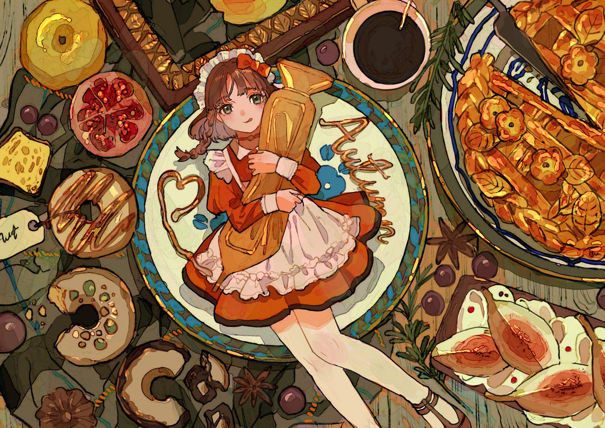 1girl food lying solo brown hair apron dress  illustration images