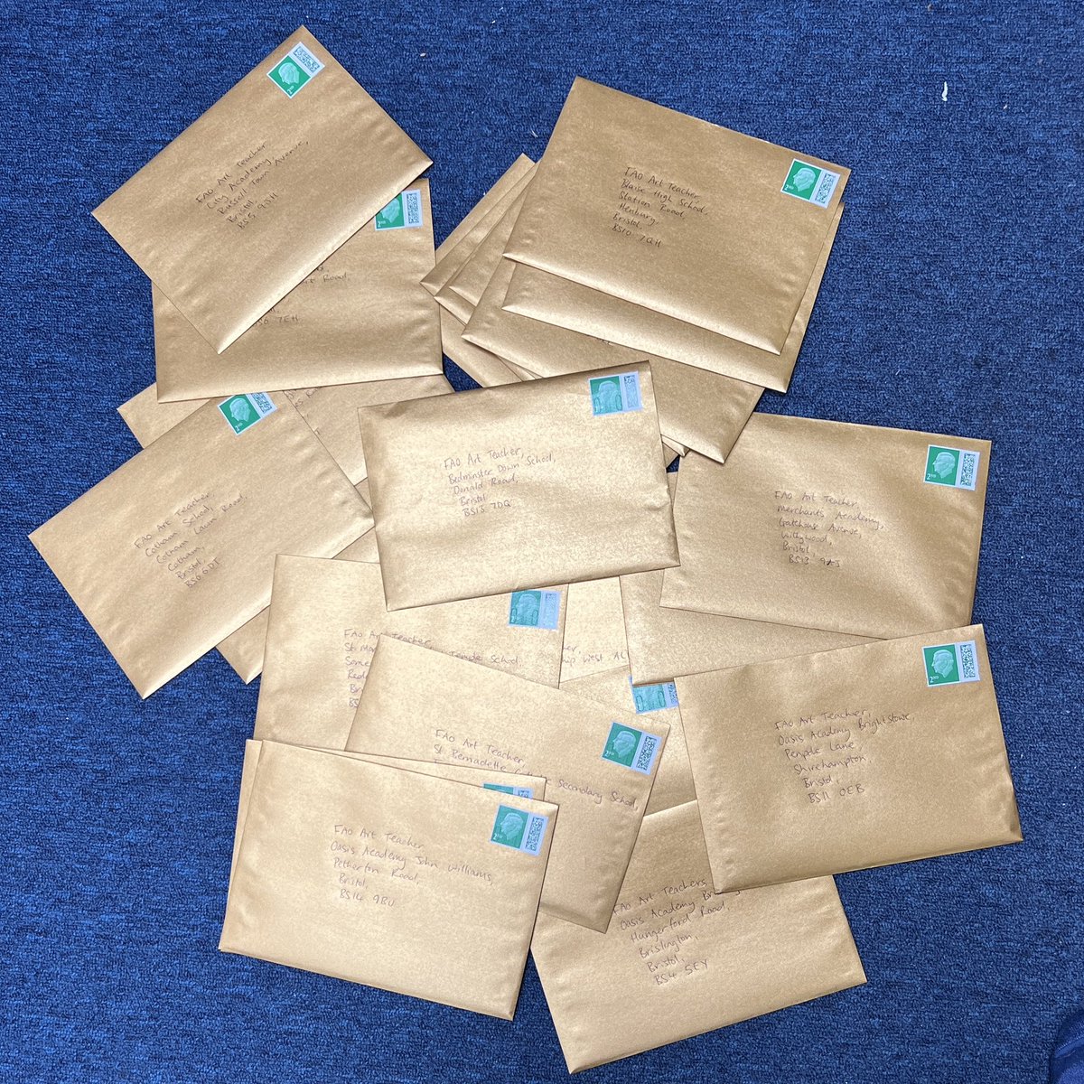 Golden letters ! Posting out to schools asking art teachers to apply for BristolSchoolArtsFund - giving them funds for school trips, materials, equipment, visiting artists, murals etc. lukejerram.com/charitable_wor…