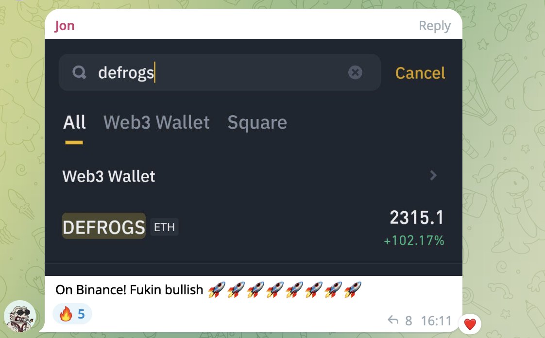 $DEFROG have been listed on #Binance 

+ MC: $27.32M  DeFrogs is a collection of 10,000 Frogs.
 It is the first-ever ERC-404 PFP and it looks absolutely amazing! 
+ They are right behind Pandora and have racked up some nice listings, partnerships...

beginning of #ERC404 🔥